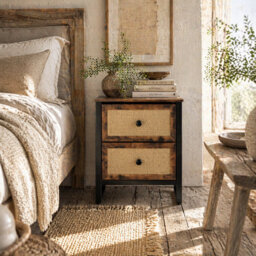 Wyld Haus Mata Coyo Rustic Brown Industrial Bedside Table Wicker 2-Drawer Nightstand 50W X 30D X 60H Cm - thumbnail 1