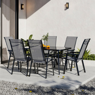 Breeins 7 Piece Black Outdoor Furniture Set Dining Set Glass Umbrella Table And Folding Chairs For Patio Lounge Balcony - image 1