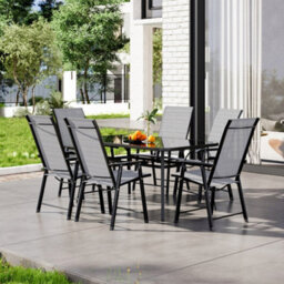 Breeins 7 Piece Black Outdoor Furniture Set Dining Set Glass Umbrella Table And Folding Chairs For Patio Lounge Balcony - thumbnail 2