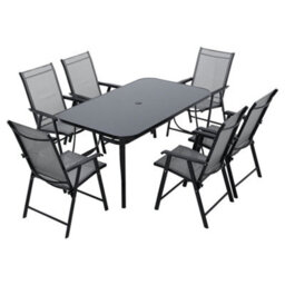 Breeins 7 Piece Black Outdoor Furniture Set Dining Set Glass Umbrella Table And Folding Chairs For Patio Lounge Balcony - thumbnail 3