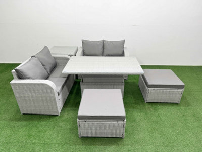 Fimous 6 Seater Outdoor Love Sofa Set Rattan Garden Furniture Set Adjustable Lifting Table 2 Footstool Side Table Light Grey - image 1