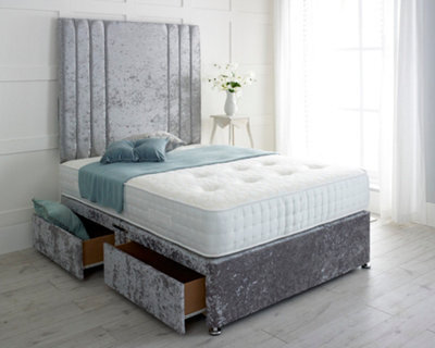 "Adore Designs Rio Crushed Velvet Divan Bed, With Pocket Mattress & 36"" Headboard - 4Ft Small Double - Grey - 0 Drawers"