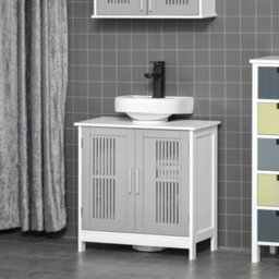 Kleankin Bathroom Pedestal Under Sink Cabinet With Storage Shelf, 2 Doors, Grey