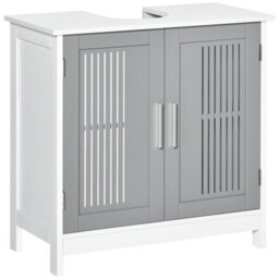 Kleankin Bathroom Pedestal Under Sink Cabinet With Storage Shelf, 2 Doors, Grey - thumbnail 2