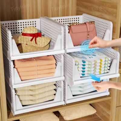 Tidyisles Wardrobe Storage Organiser, 4 Pack Folding Closet Organisers, Stackable Boxes, Plastic Drawer Basket For Bedroom