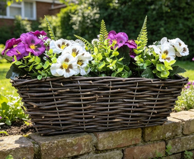 Best Artificial Purple & White Pre-Made 40Cm Pansy Flower Arrangement In Rattan Wicker Trough - Suitable For Garden Use - image 1