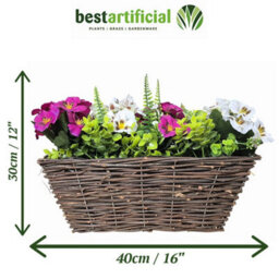 Best Artificial Purple & White Pre-Made 40Cm Pansy Flower Arrangement In Rattan Wicker Trough - Suitable For Garden Use - thumbnail 2