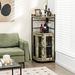 Costway Corner Bar Cabinet Industrial Wine Buffet Cabinet With Glass Holder Mesh Doors