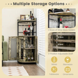 Costway Corner Bar Cabinet Industrial Wine Buffet Cabinet With Glass Holder Mesh Doors - thumbnail 6