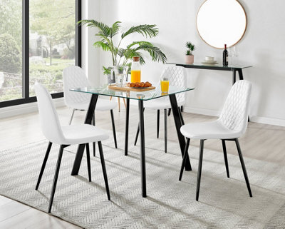 Furniturebox Seattle Scandi Inspired Glass And Black Metal Leg Square Dining Table & 4 White Corona Faux Leather Black Leg Chairs - image 1
