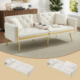 Btm White Two-Seater Sofa Bed With Adjustable Backrest,built-In Cup Holders, Space-Saving For Living Room And Bedroom