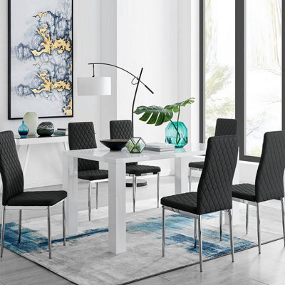 Furniturebox Uk Pivero White High Gloss Dining Table And 6 Black Milan Chairs Set - image 1