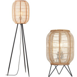 Loops Standing Floor & Table Lamp Set - Bamboo Natural Linen Fabric Shade - Matt Black Metal Leg