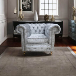 Chesterfield Low Back Club Chair Shimmer Silver Real Velvet Fabric In Classic Style - thumbnail 2