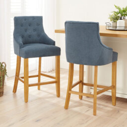 The Furniture Market Luxury Blue Woven Fabric Scoop Back Kitchen Counter Bar Stool Quilted Button Back Stud Detailing Solid Wood Frame - thumbnail 3