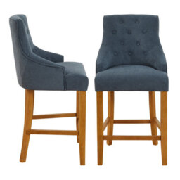 The Furniture Market Luxury Blue Woven Fabric Scoop Back Kitchen Counter Bar Stool Quilted Button Back Stud Detailing Solid Wood Frame - thumbnail 5