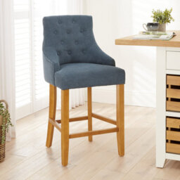 The Furniture Market Luxury Blue Woven Fabric Scoop Back Kitchen Counter Bar Stool Quilted Button Back Stud Detailing Solid Wood Frame