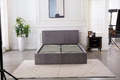 Kosy Koala Ottoman Bed Gas Lift Storage Grey 4Ft Small Double And 1 Mattress Line Pattern Velvet Bedroom - image 1