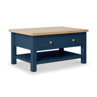 Farro Navy Blue 85Cm Large Coffee Table With Drawer And Shelf - Painted With Oak Top By Roseland Furniture - image 1