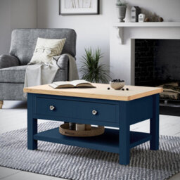 Farro Navy Blue 85Cm Large Coffee Table With Drawer And Shelf - Painted With Oak Top By Roseland Furniture - thumbnail 2