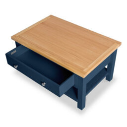 Farro Navy Blue 85Cm Large Coffee Table With Drawer And Shelf - Painted With Oak Top By Roseland Furniture - thumbnail 5