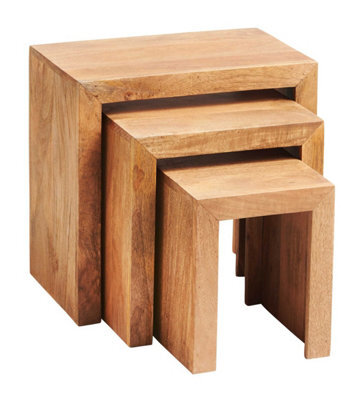 Hommoo Solid Light Mango Wood Cubed Shape Warm Look Nest Of 3 Tables In Matt Finish - image 1