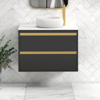 Royal Bathrooms Orion 800mm Matt Obsidian Black Wall Hung Plain White Countertop Vanity Unit 2 Drawer With Milan Basin & Brushed Brass Accent Trim - image 1