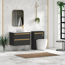Royal Bathrooms Orion 800mm Matt Obsidian Black Wall Hung Plain White Countertop Vanity Unit 2 Drawer With Milan Basin & Brushed Brass Accent Trim - thumbnail 3