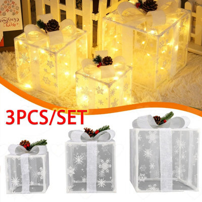 Amorly Set Of 3 Pre Lit Christmas Gift Boxes, Snowflake Decor Present Boxes With Silver Bowknots, Light Up Ornaments For Xmas Tree - image 1