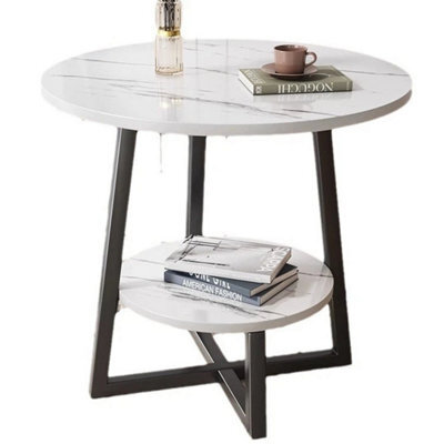 Round 2 Tier Coffee Table Side Table White Marble Effect End Table Living Room - image 1