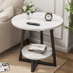 Round 2 Tier Coffee Table Side Table White Marble Effect End Table Living Room - thumbnail 3