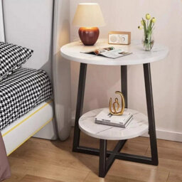 Round 2 Tier Coffee Table Side Table White Marble Effect End Table Living Room - thumbnail 4