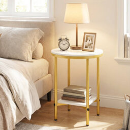 Gainoom Side Table White & Gold Modern Round End Table With Faux Marble Top & Bottom Storage Shelf - thumbnail 5