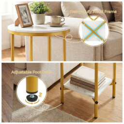 Gainoom Side Table White & Gold Modern Round End Table With Faux Marble Top & Bottom Storage Shelf - thumbnail 7