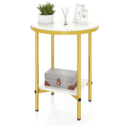 Gainoom Side Table White & Gold Modern Round End Table With Faux Marble Top & Bottom Storage Shelf