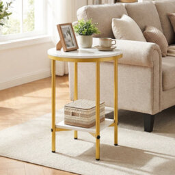Gainoom Side Table White & Gold Modern Round End Table With Faux Marble Top & Bottom Storage Shelf - thumbnail 3