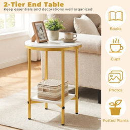 Gainoom Side Table White & Gold Modern Round End Table With Faux Marble Top & Bottom Storage Shelf - thumbnail 9