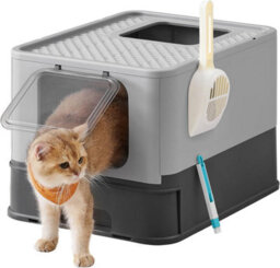 Hidden Cat Litter Box, Cat Litter Tray With Hood, Slide-Out Tray, Scoop, Brush, Spacious, Charcoal Grey And Dove Grey - thumbnail 7