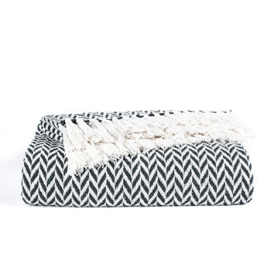 Ehc Herringbone Cotton Throw For Double Bed Sofa Couch,150 X 200 Cm, Black - image 1