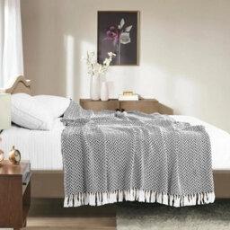 Ehc Herringbone Cotton Throw For Double Bed Sofa Couch,150 X 200 Cm, Black - thumbnail 2
