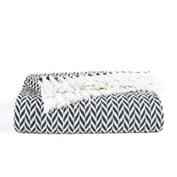 Ehc Herringbone Cotton Throw For Double Bed Sofa Couch,150 X 200 Cm, Black