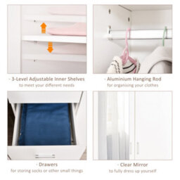 Homcom 2-Door Wardrobe W/ Adjustable Shelf 3 Drawers For Bedroom, 180Cm, White - thumbnail 5
