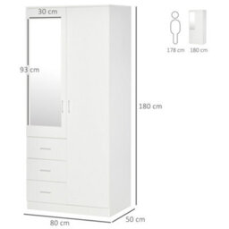 Homcom 2-Door Wardrobe W/ Adjustable Shelf 3 Drawers For Bedroom, 180Cm, White - thumbnail 3