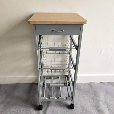 3-Tier Wooden Kitchen Trolley With 3 Wire Baskets, Wine Rack & Wheels Rolling Utility Storage Cart For Dining Room, Natural/grey - image 1