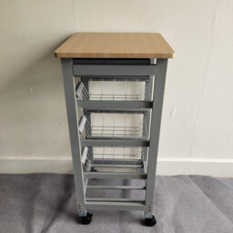 3-Tier Wooden Kitchen Trolley With 3 Wire Baskets, Wine Rack & Wheels Rolling Utility Storage Cart For Dining Room, Natural/grey - thumbnail 5