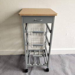 3-Tier Wooden Kitchen Trolley With 3 Wire Baskets, Wine Rack & Wheels Rolling Utility Storage Cart For Dining Room, Natural/grey