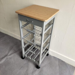 3-Tier Wooden Kitchen Trolley With 3 Wire Baskets, Wine Rack & Wheels Rolling Utility Storage Cart For Dining Room, Natural/grey - thumbnail 3