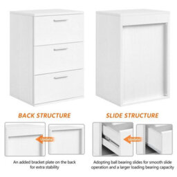 White Modern Bedside Table Storage Nightstand Cabinet W/ 3 Drawers Bedroom Furniture - thumbnail 3