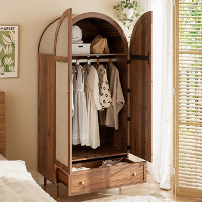 Abrihome Walnut Look Wardrobe With Fabric Doors & Drawer - Sturdy Wooden Legs, Practical Storage Cabinet For Bedroom, Or Dressing Room - image 1