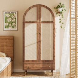 Abrihome Walnut Look Wardrobe With Fabric Doors & Drawer - Sturdy Wooden Legs, Practical Storage Cabinet For Bedroom, Or Dressing Room - thumbnail 3